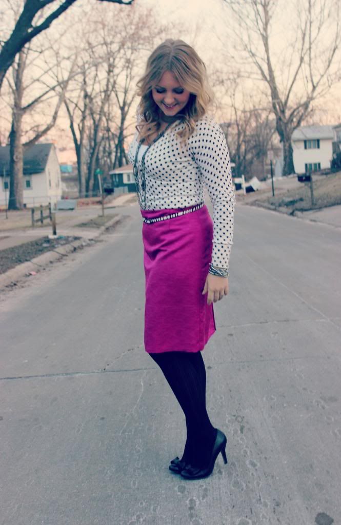 Polka Dot Cardigan with Pencil Skirt