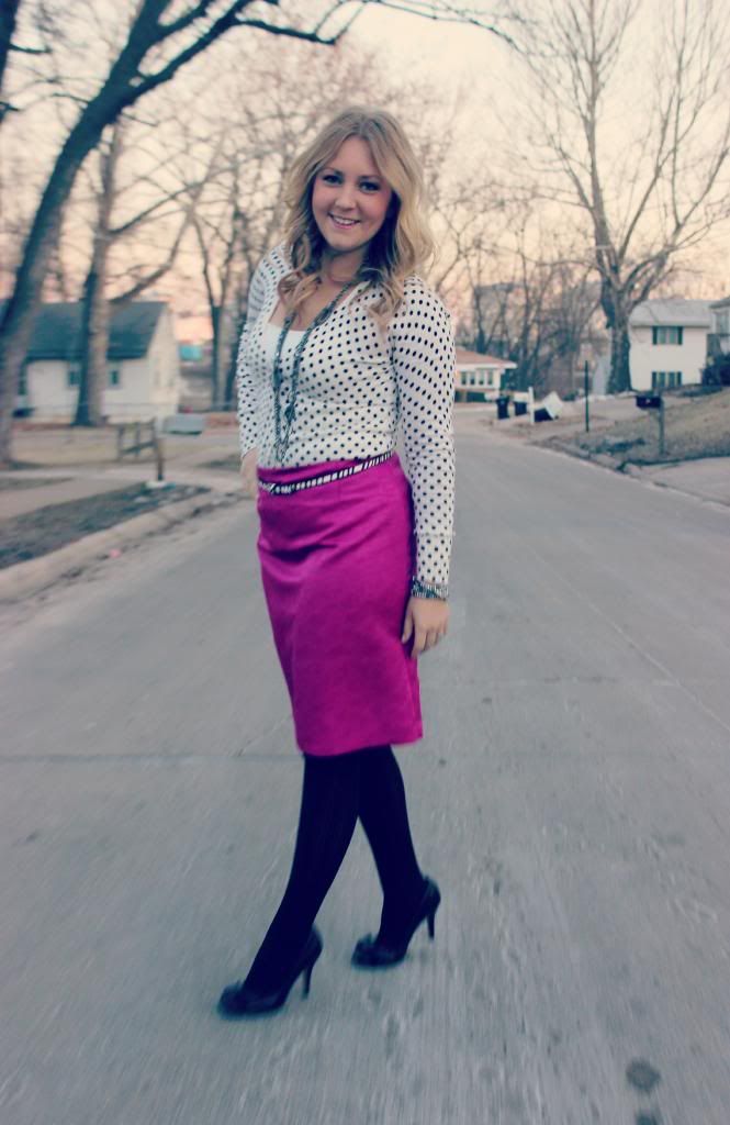 Polka Dot Cardigan with Pencil Skirt