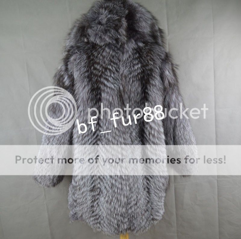 Luxury 100% Real Genuine Silver Fox Fur Long Jacket Outwear Coat With ...